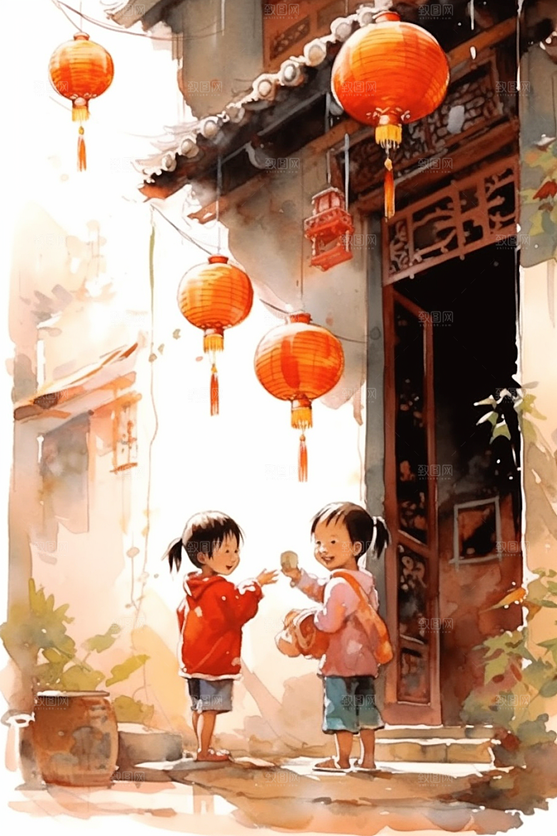 儿童水墨手绘江南水乡插画