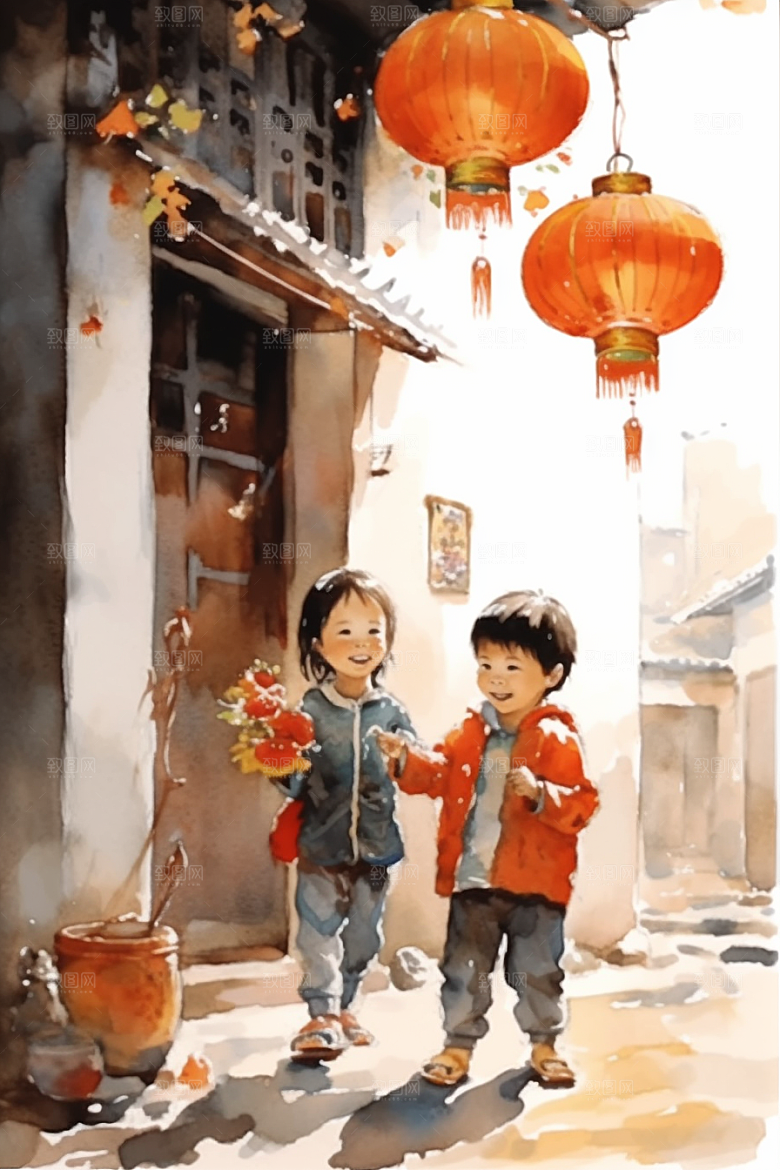 儿童水墨手绘小桥流水人家插画