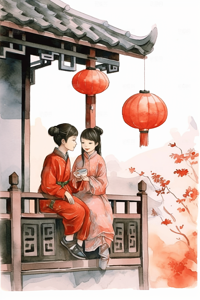 儿童水墨国画江南水乡插画