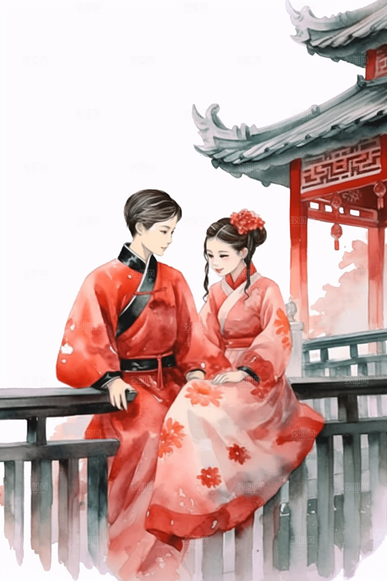 儿童水墨小桥流水人家唯美插画