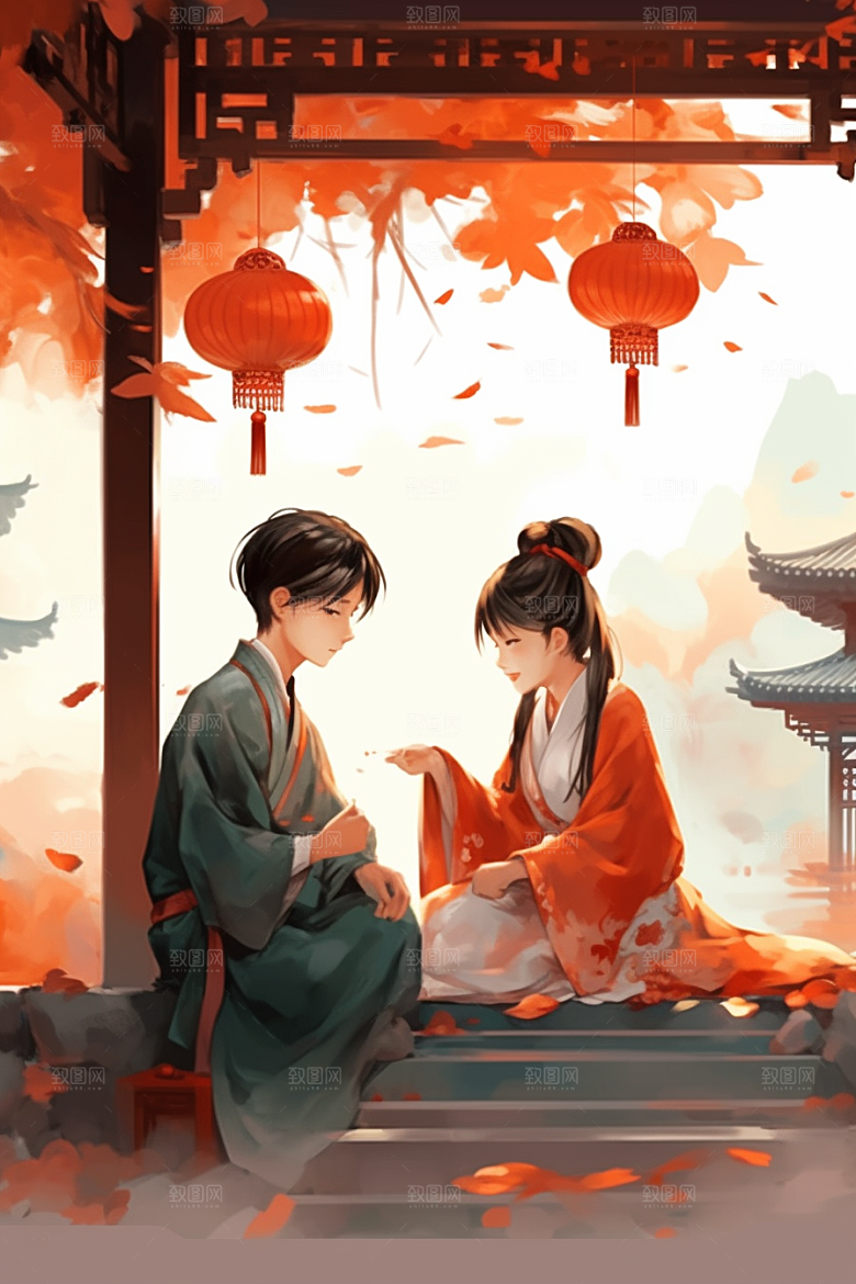 儿童水墨小桥流水人家唯美插画