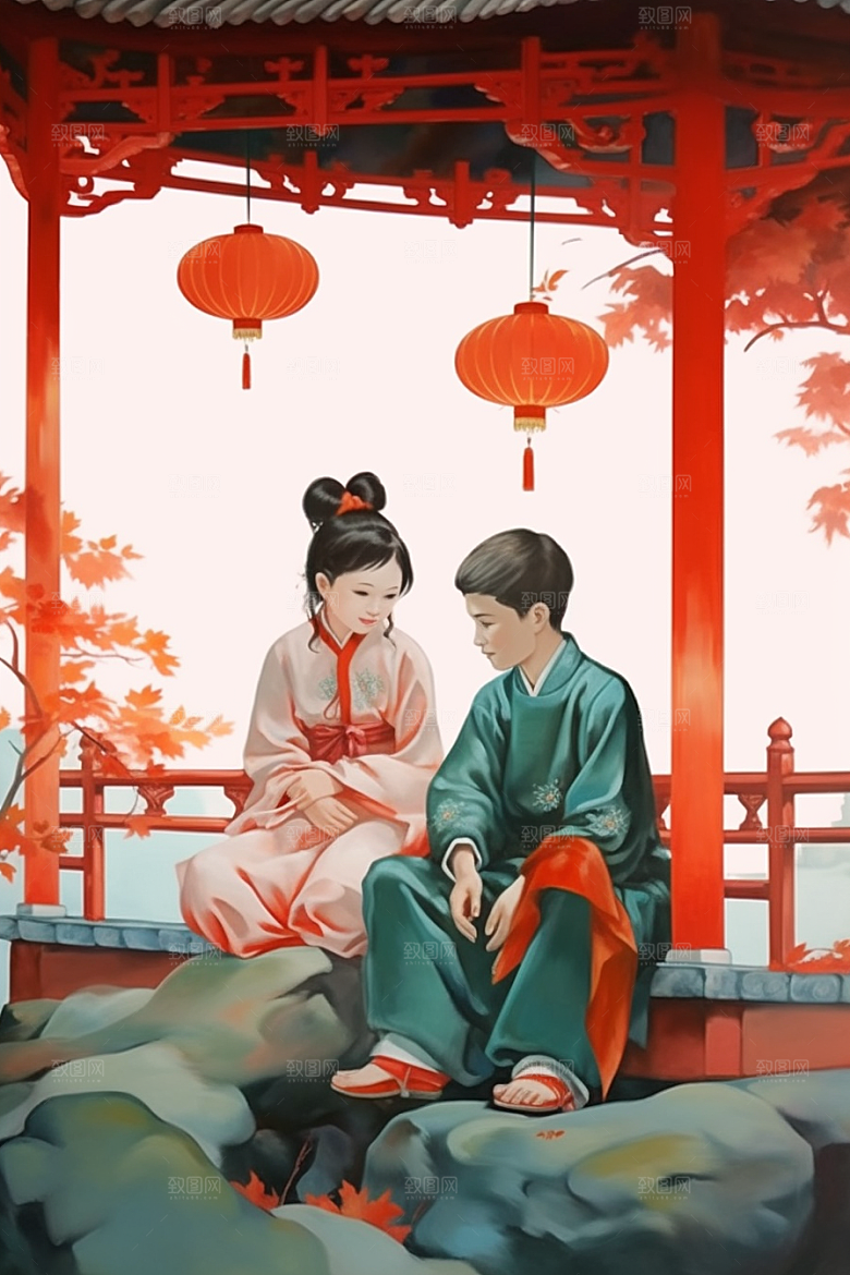 儿童水墨江南水乡国画插画