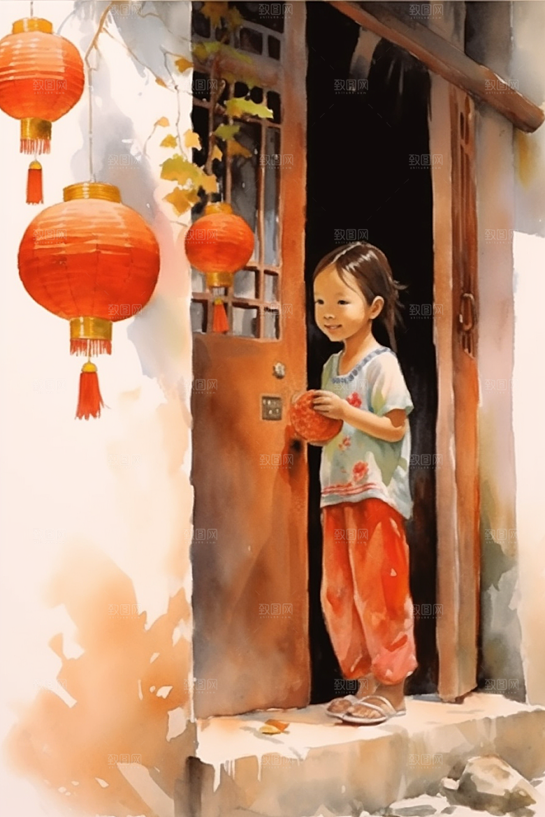 儿童水墨手绘江南水乡插画