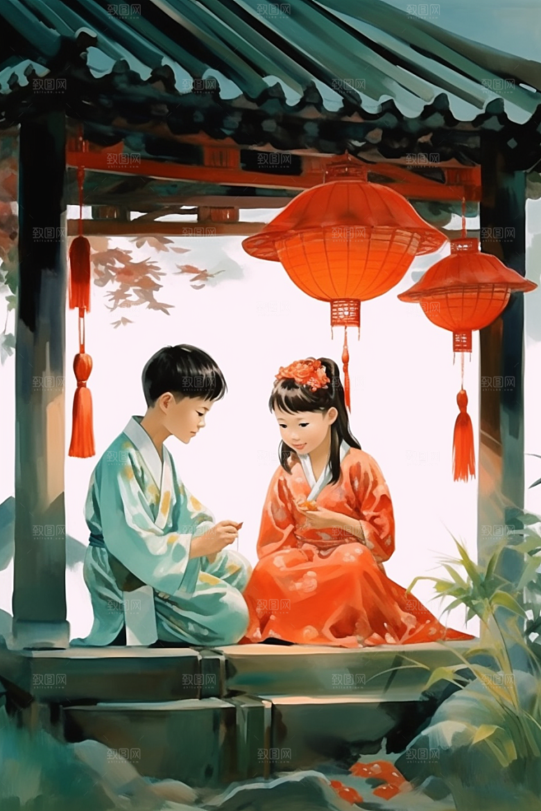儿童水墨古风国画插画