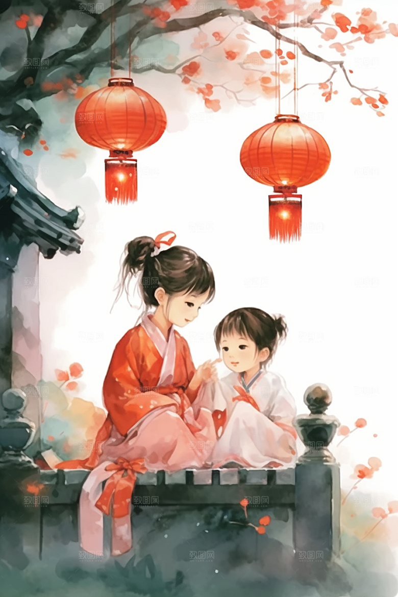 儿童水墨手绘国画插画