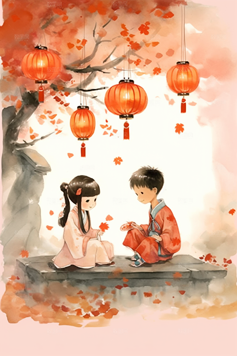 儿童水墨手绘中国风插画