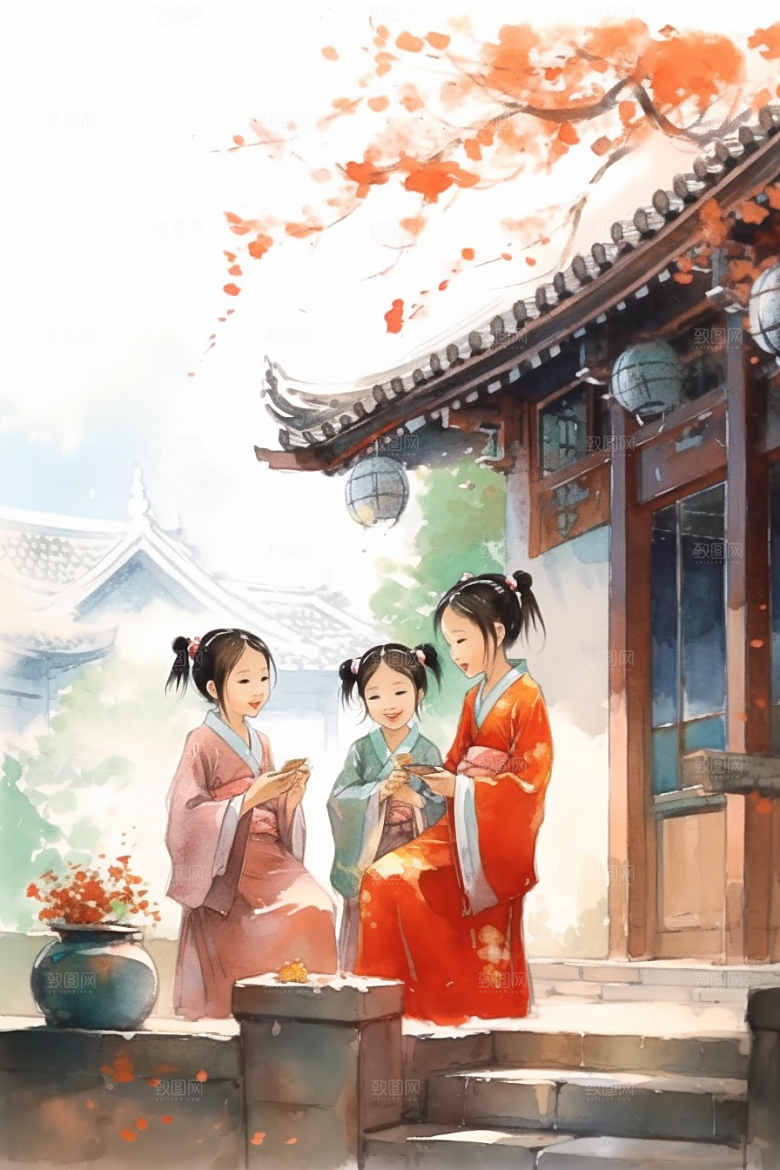 儿童水墨国画手绘插画