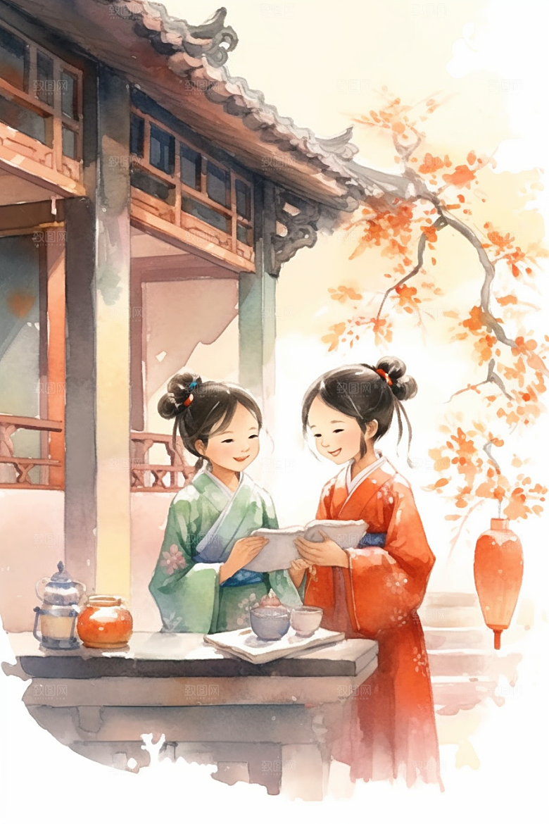 儿童水墨江南水乡古风插画