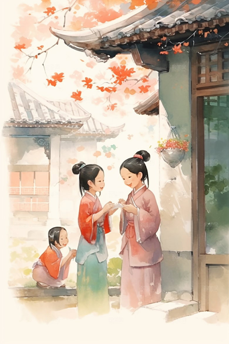 儿童水墨手绘古风插画