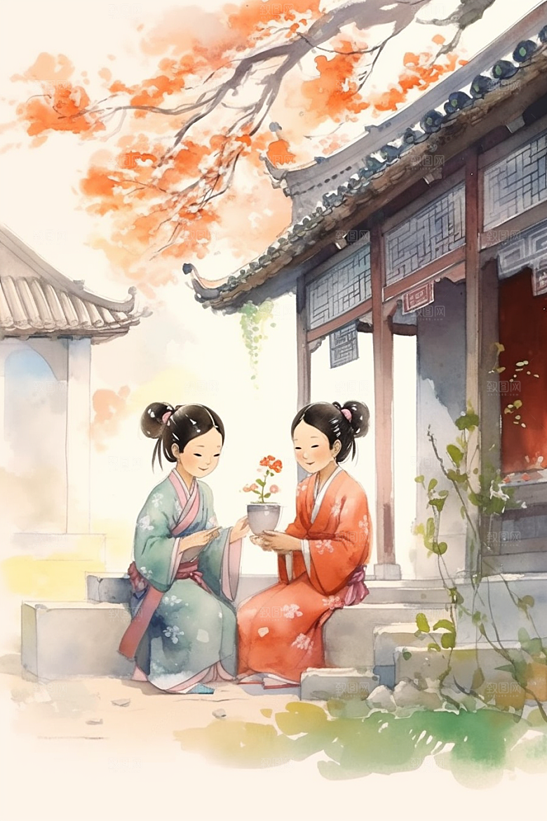 儿童水墨诗意手绘插画