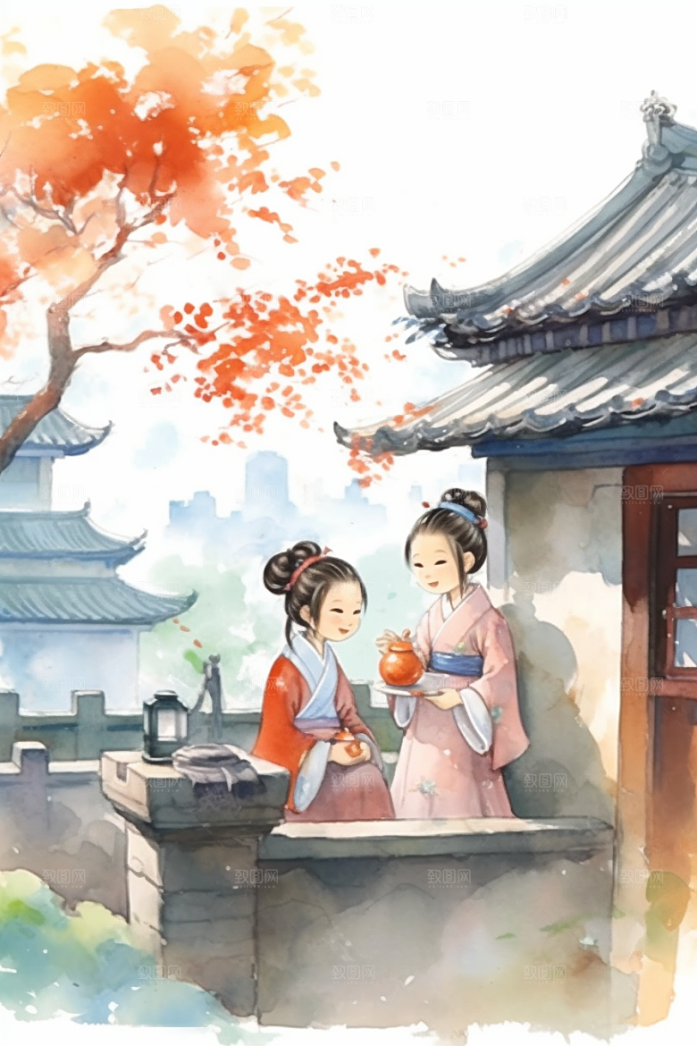 儿童水墨国画唯美插画