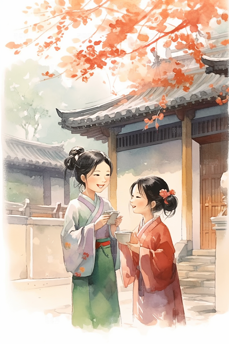 儿童水墨手绘诗意插画