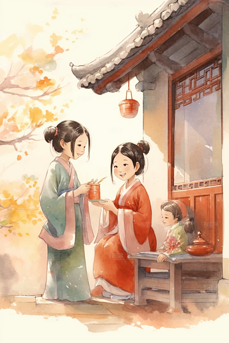 儿童水墨诗意国画插画