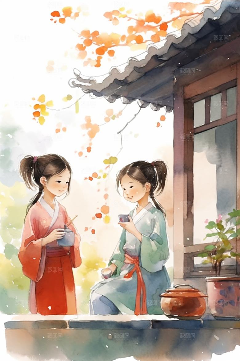 儿童水墨小桥流水人家诗意插画