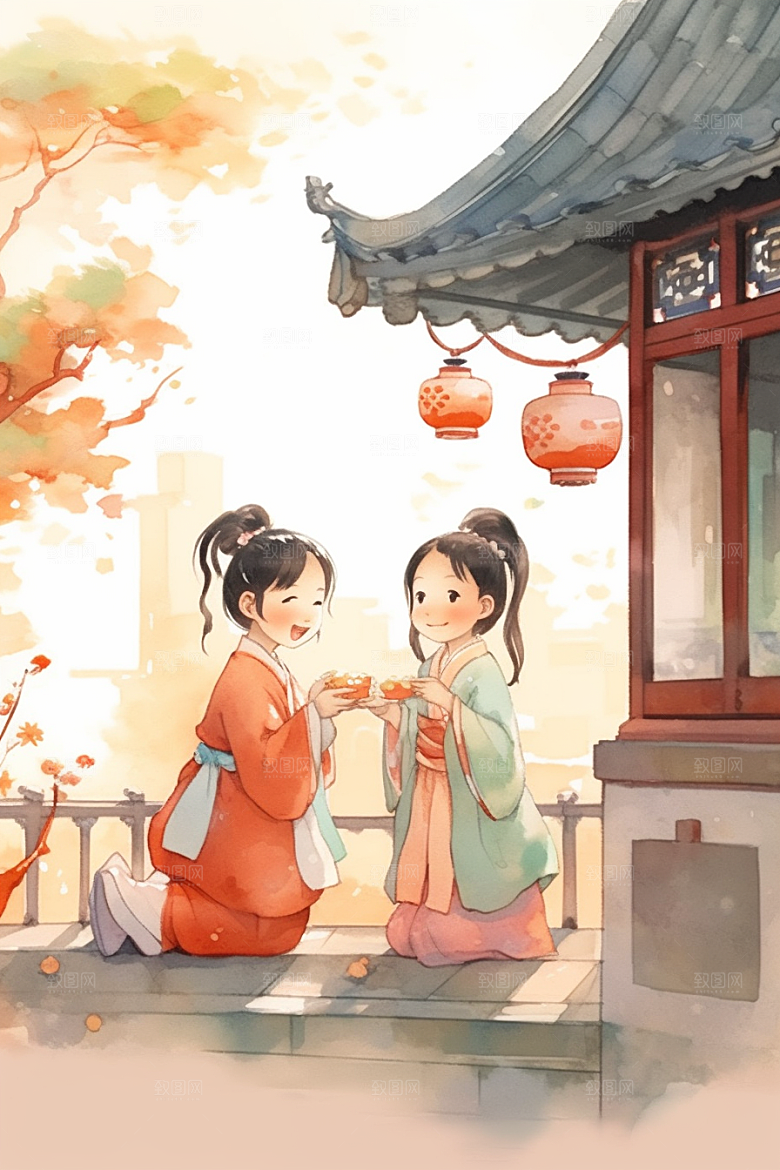 儿童水墨小桥流水人家江南水乡插画