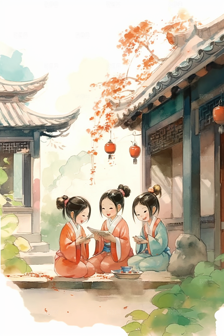 儿童水墨江南水乡中国风插画