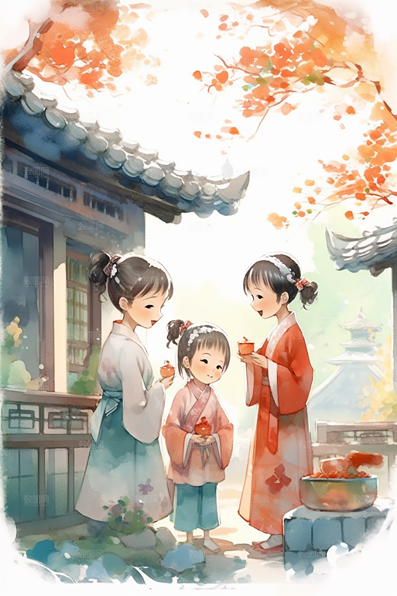 儿童水墨国画诗意插画