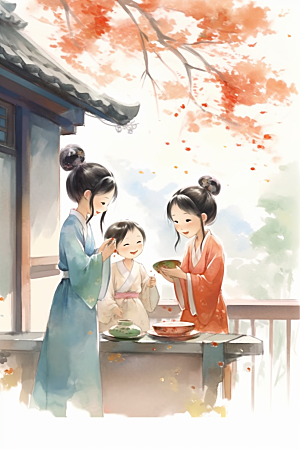 儿童水墨手绘中国风插画
