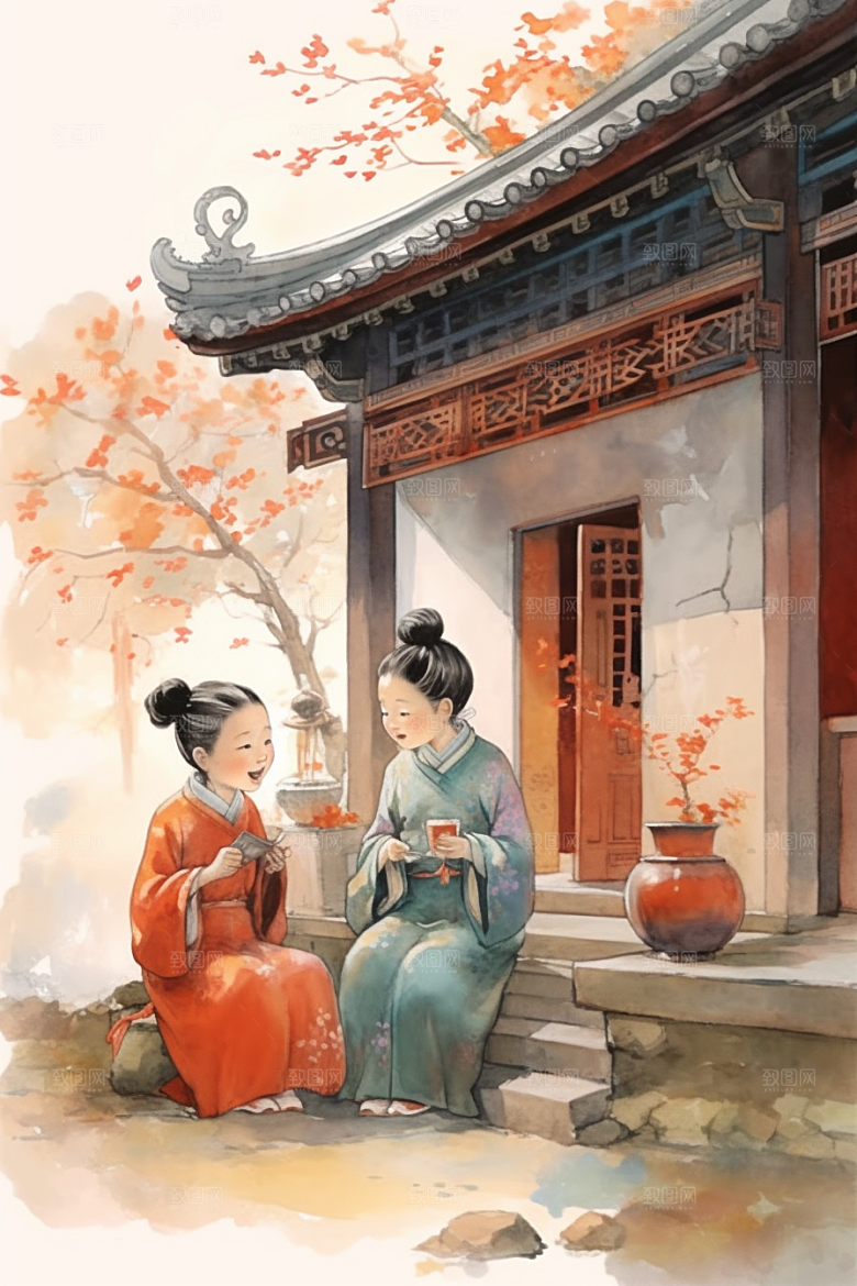 儿童水墨小桥流水人家古风插画