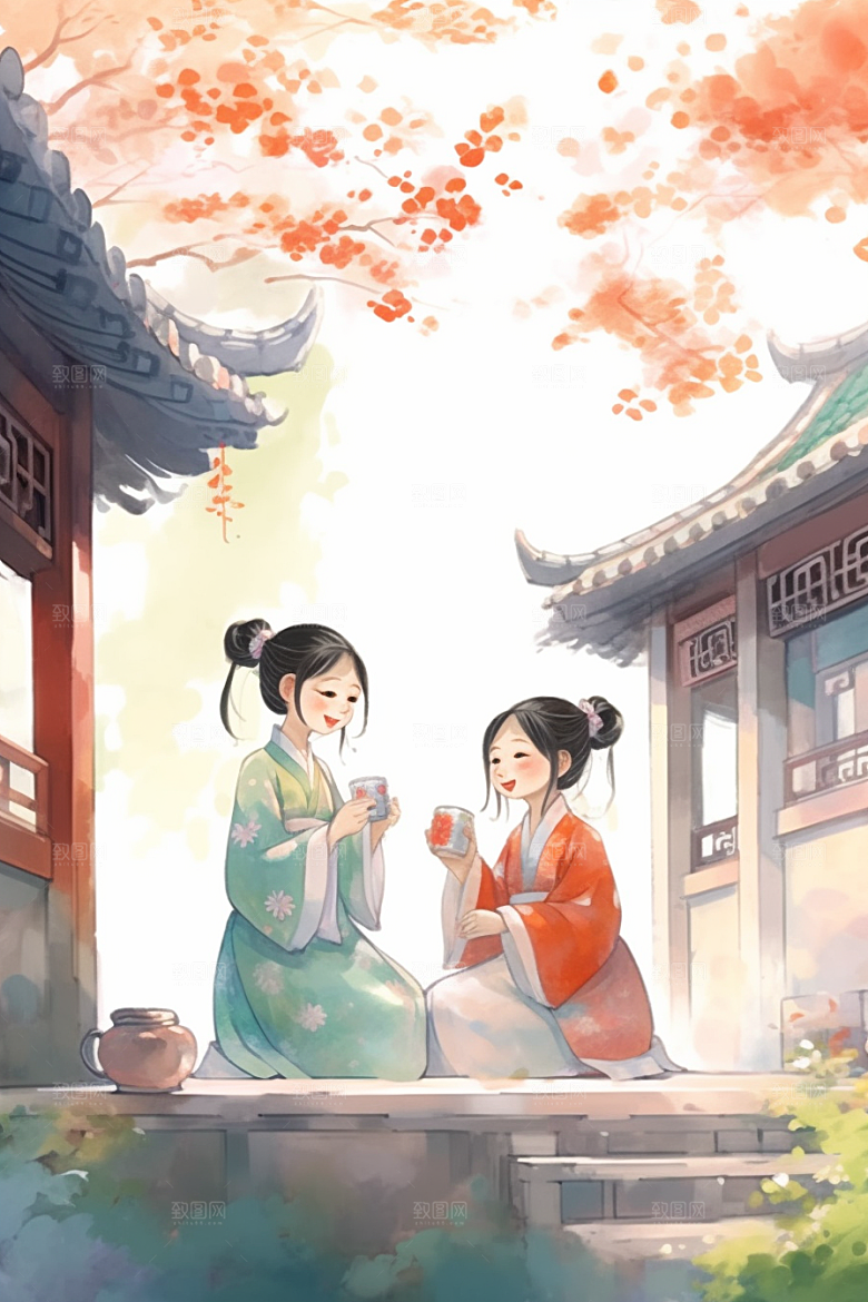 儿童水墨传统文化国画插画