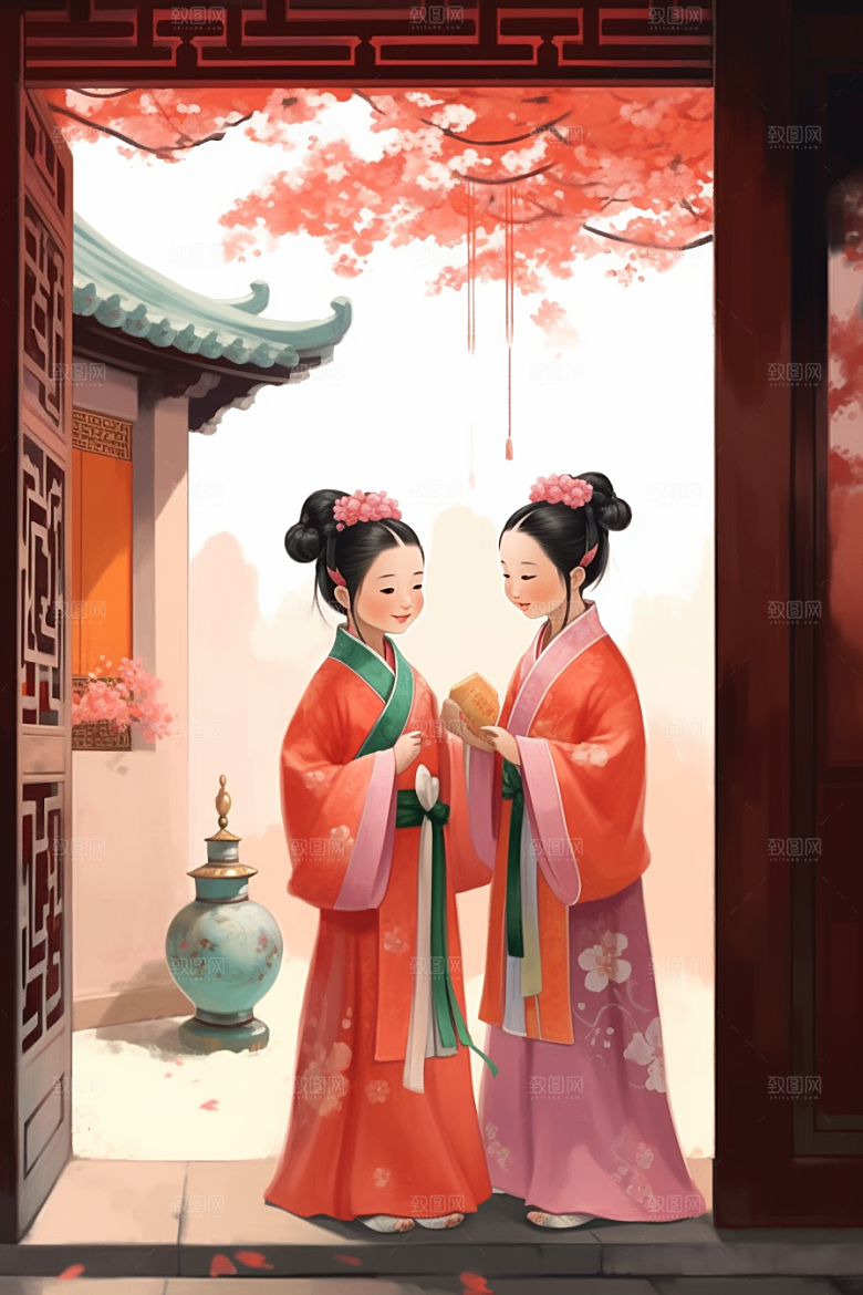 儿童水墨小桥流水人家古风插画