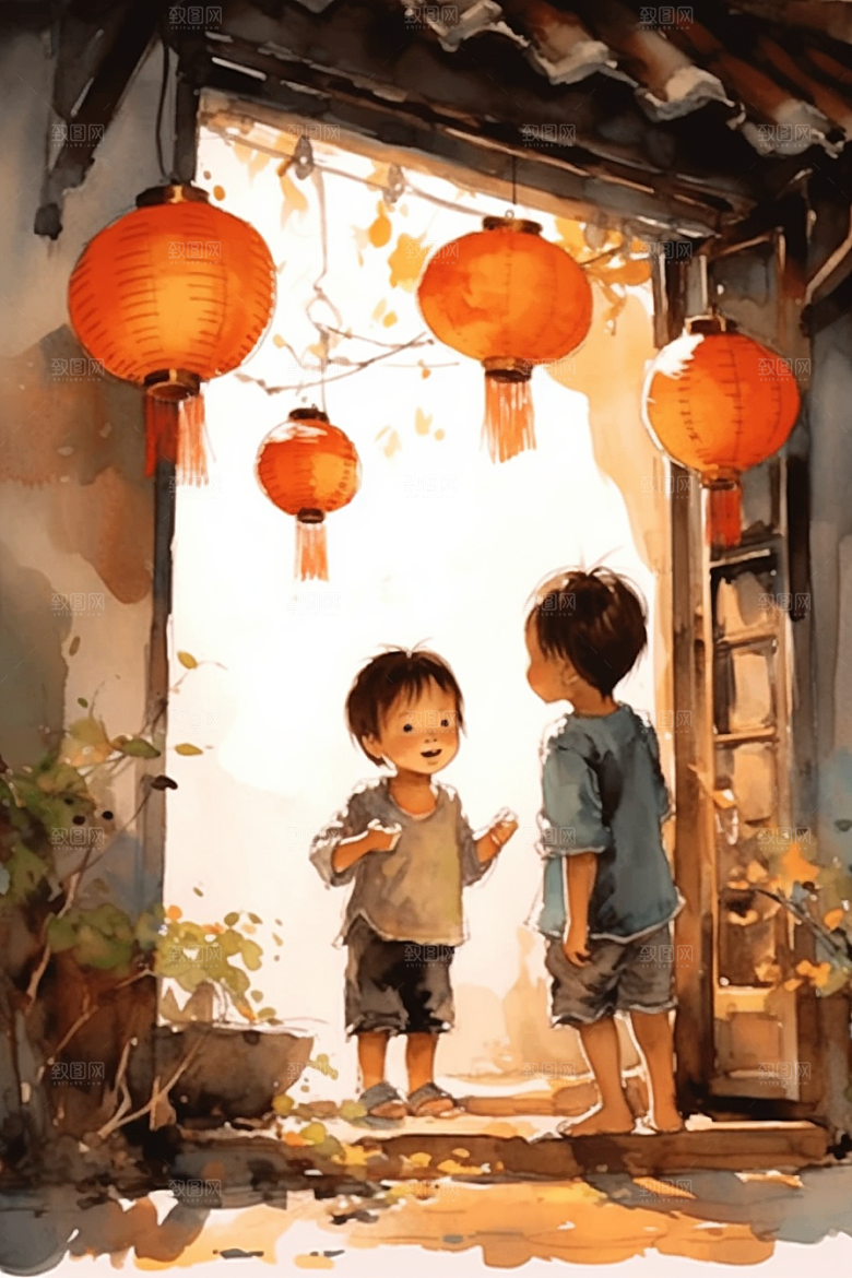 儿童水墨古风手绘插画