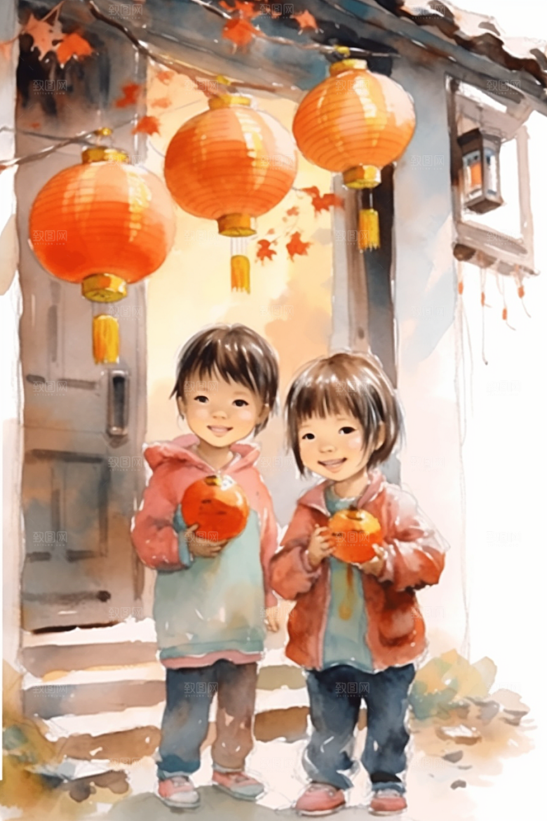 儿童水墨小桥流水人家诗意插画
