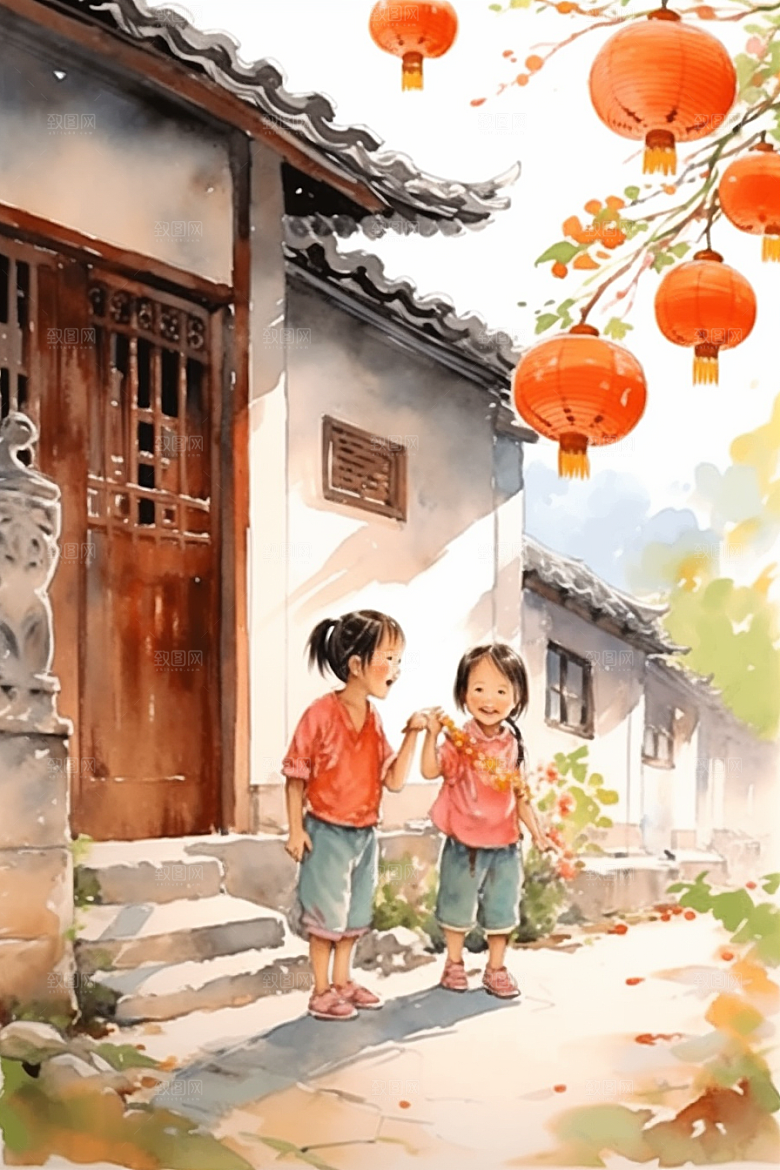 儿童水墨诗意江南水乡插画