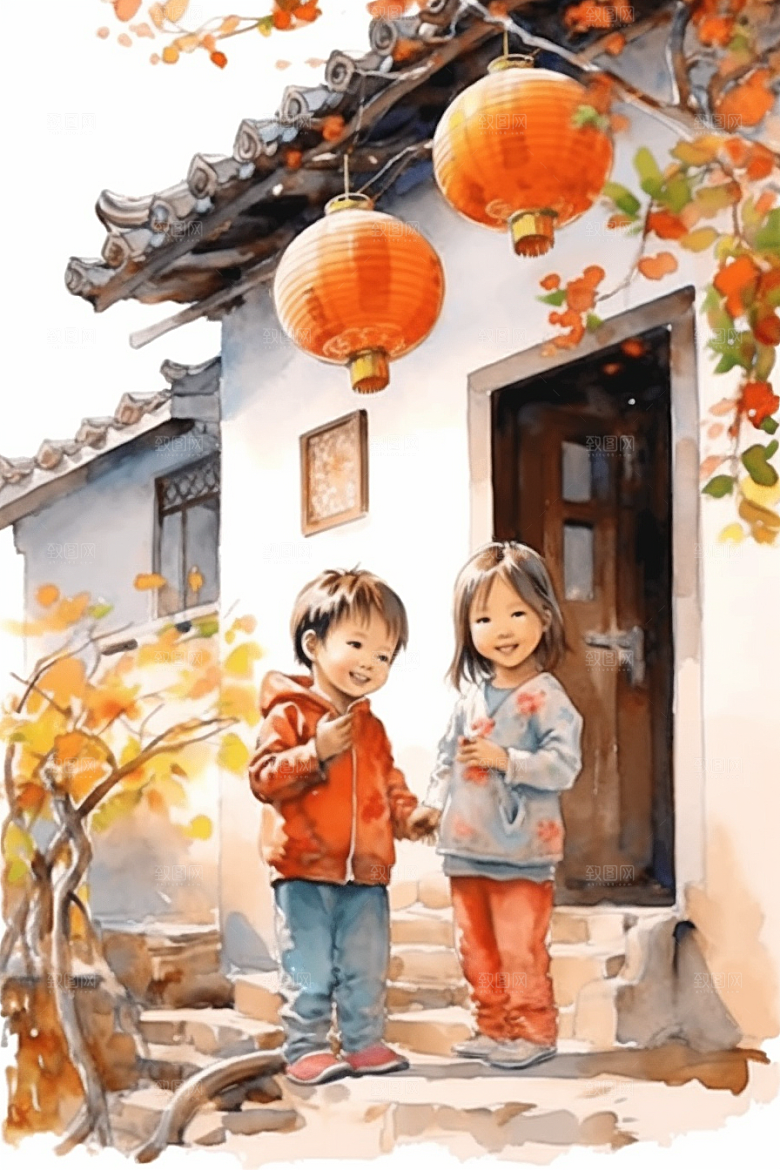 儿童水墨小桥流水人家江南水乡插画