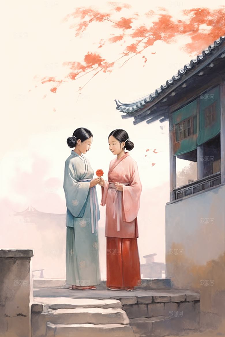 儿童水墨中国风小桥流水人家插画