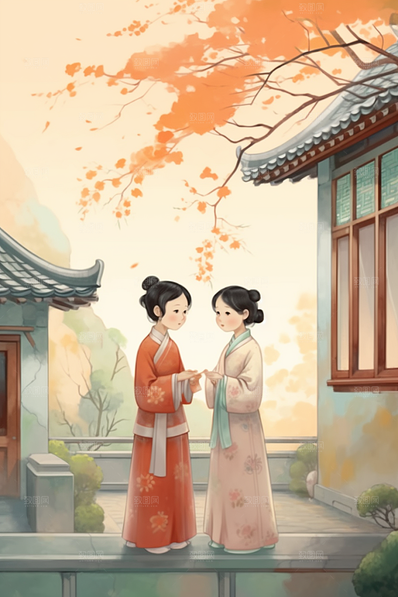 儿童水墨小桥流水人家中国风插画