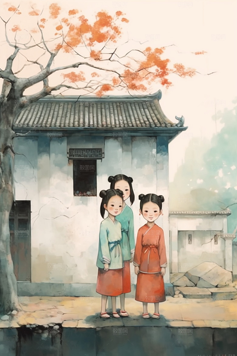 儿童水墨唯美小桥流水人家插画