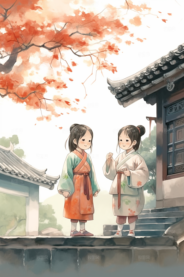 儿童水墨小桥流水人家传统文化插画