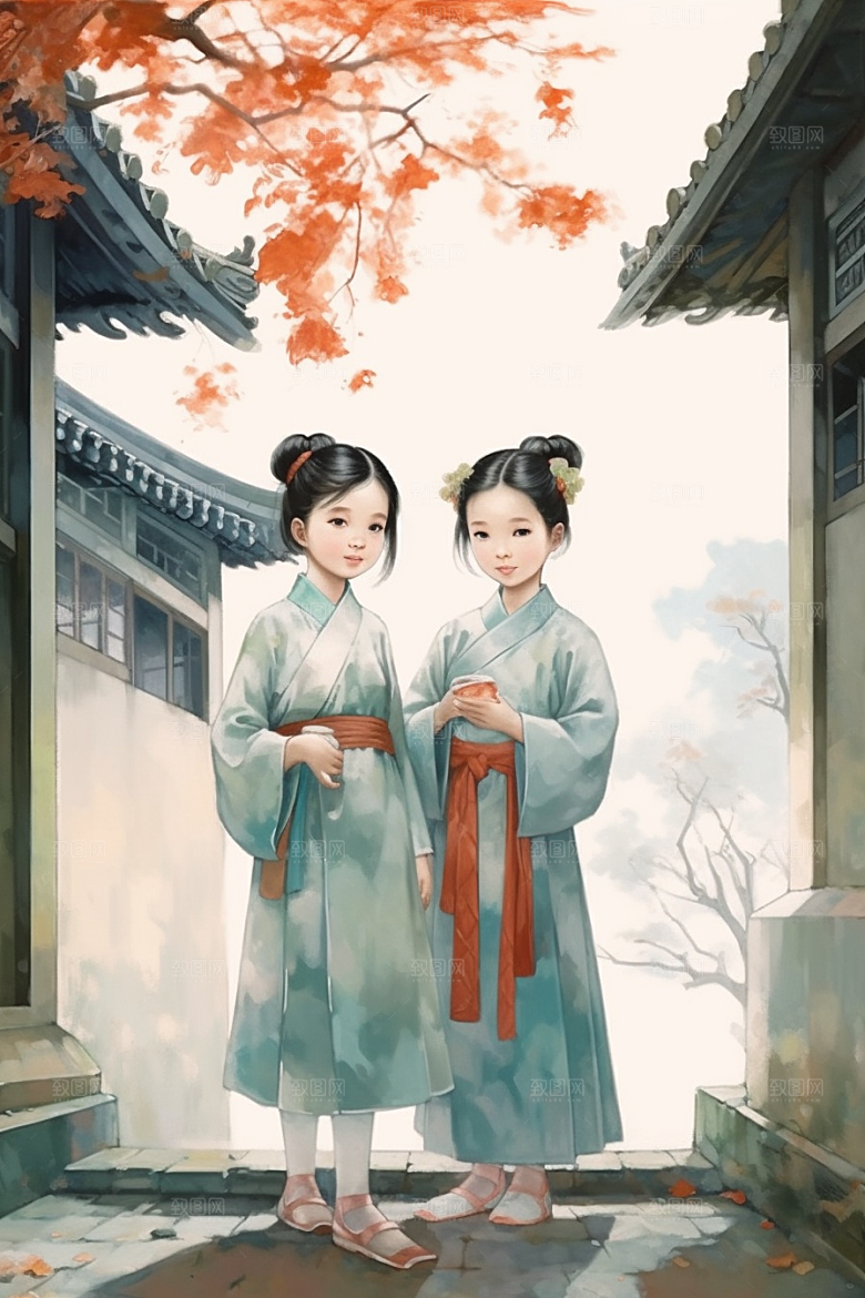 儿童水墨唯美国画插画