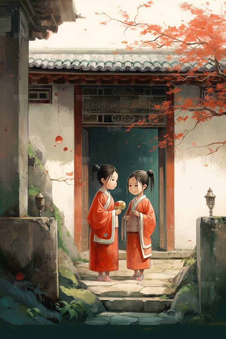 儿童水墨小桥流水人家国画插画