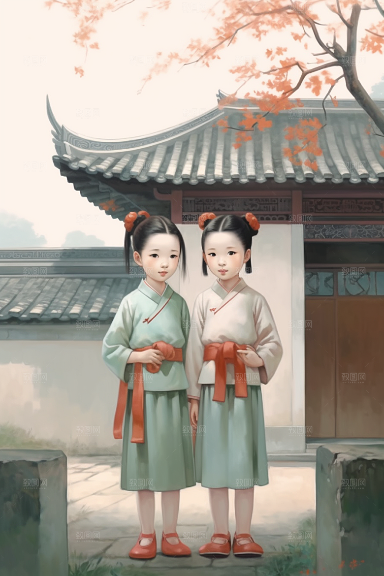 儿童水墨诗意唯美插画