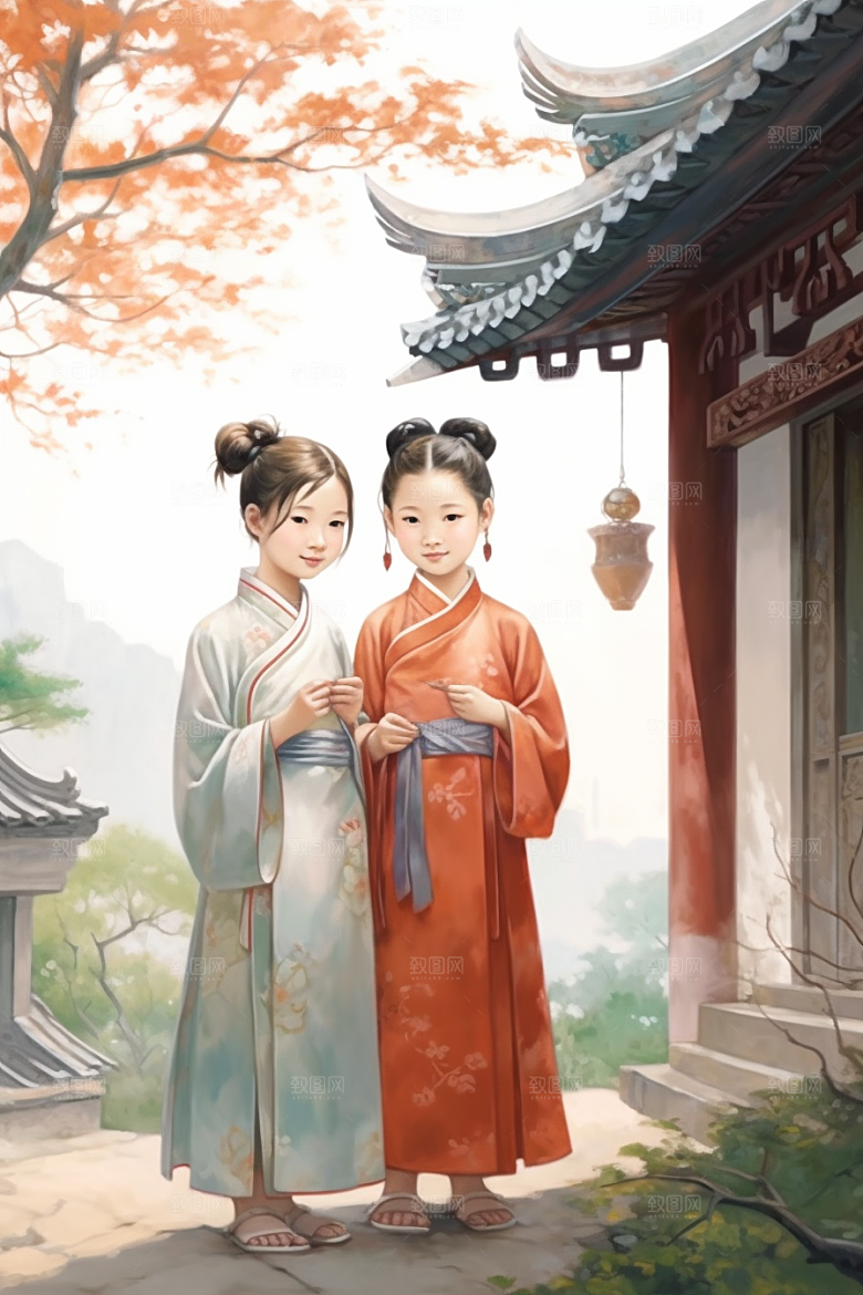 儿童水墨诗意小桥流水人家插画