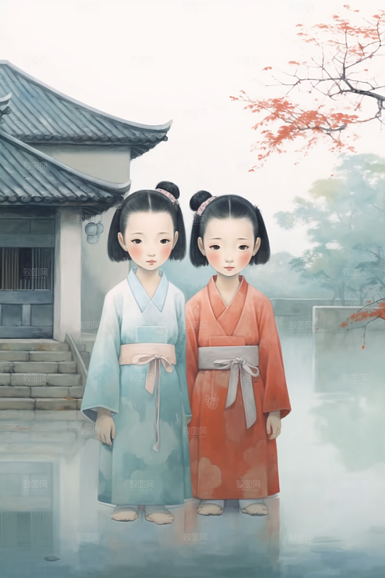 儿童水墨古风江南水乡插画