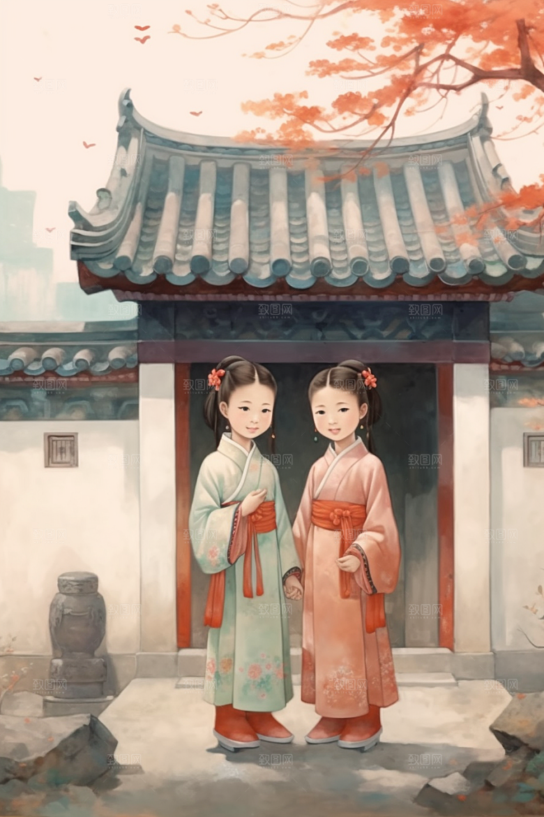 儿童水墨中国风诗意插画