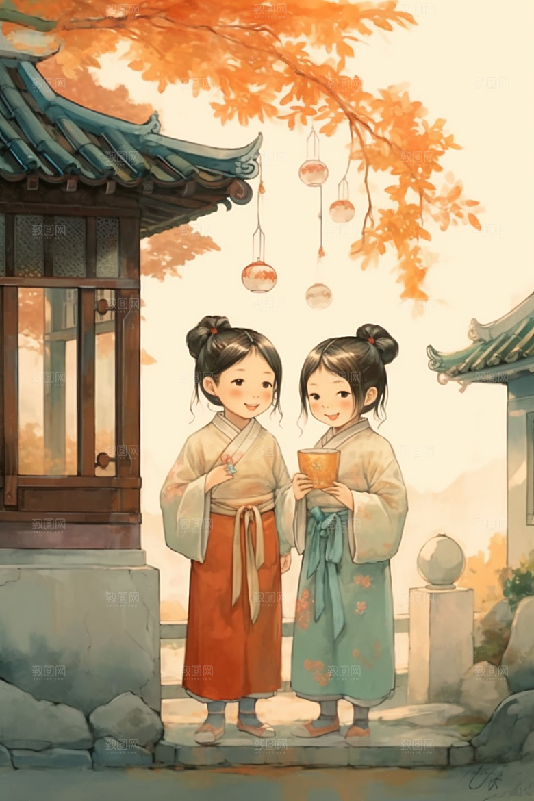 儿童水墨唯美小桥流水人家插画