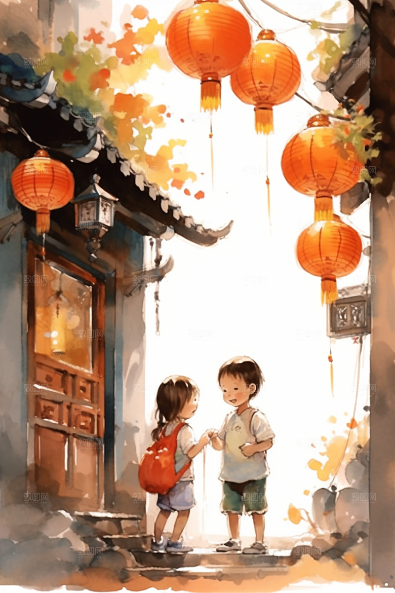 儿童水墨国画古风插画