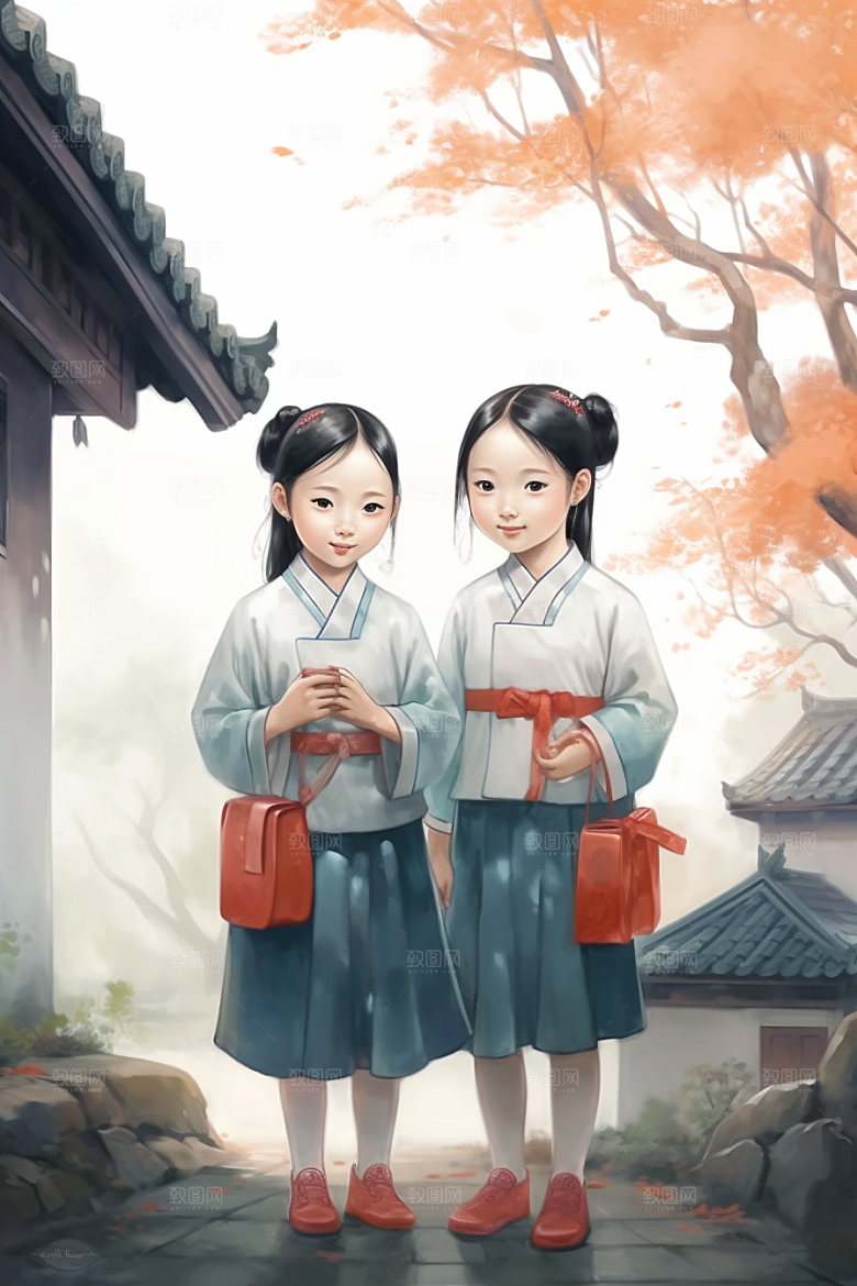 儿童水墨国画传统文化插画