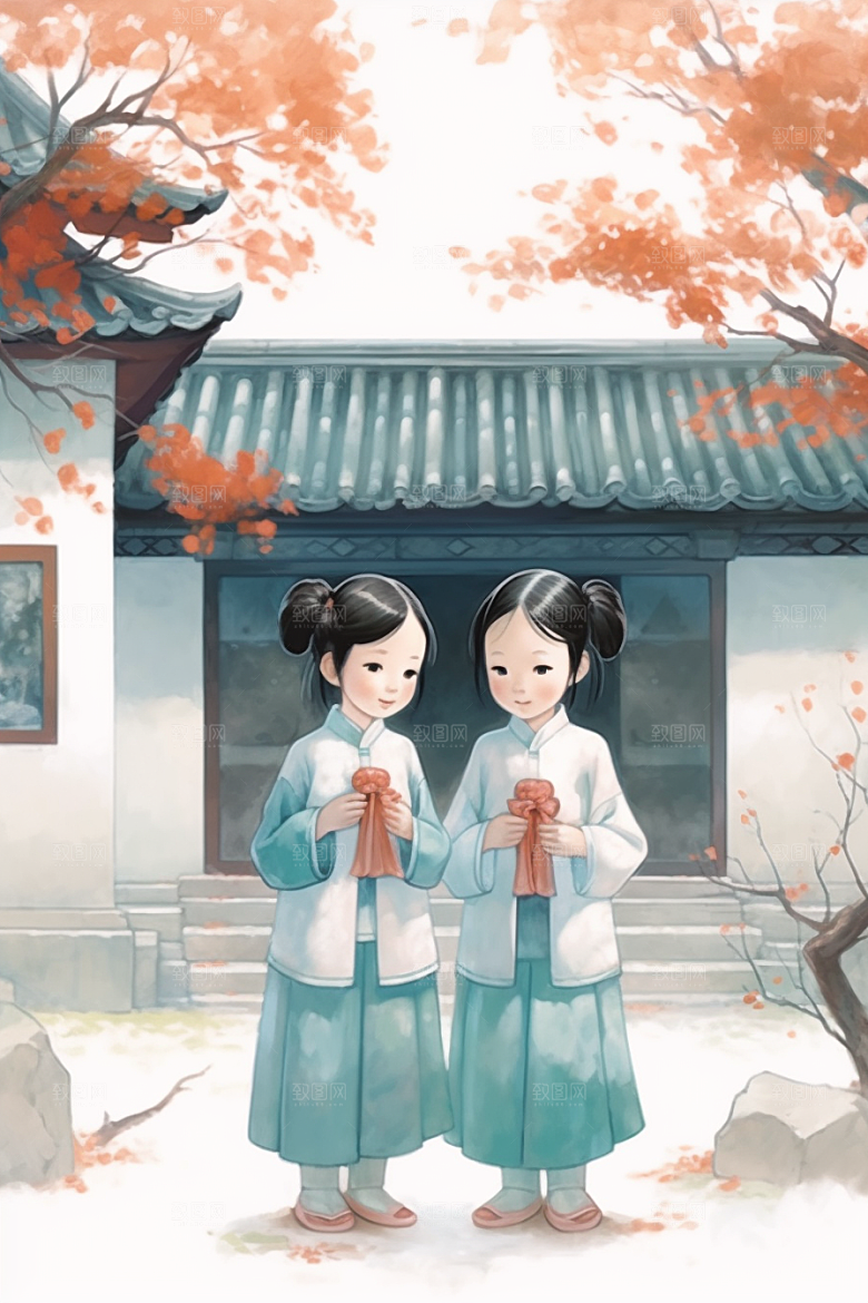 儿童水墨中国风国画插画