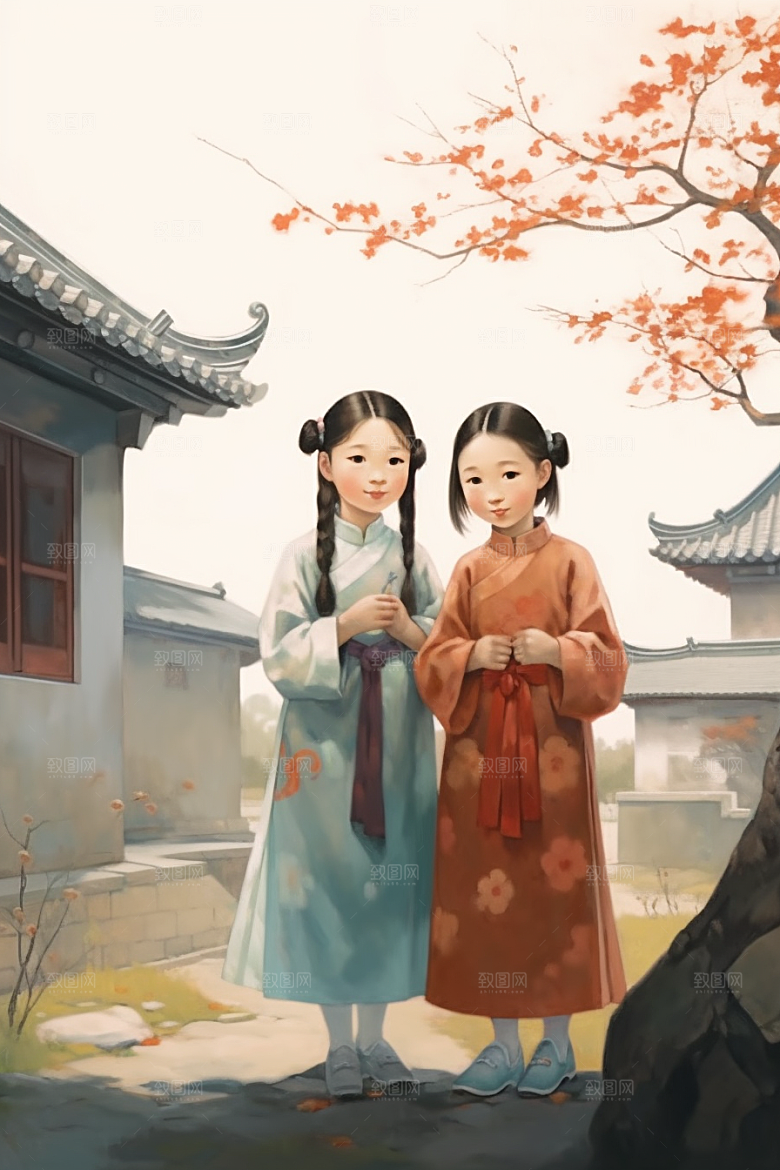 儿童水墨国画诗意插画