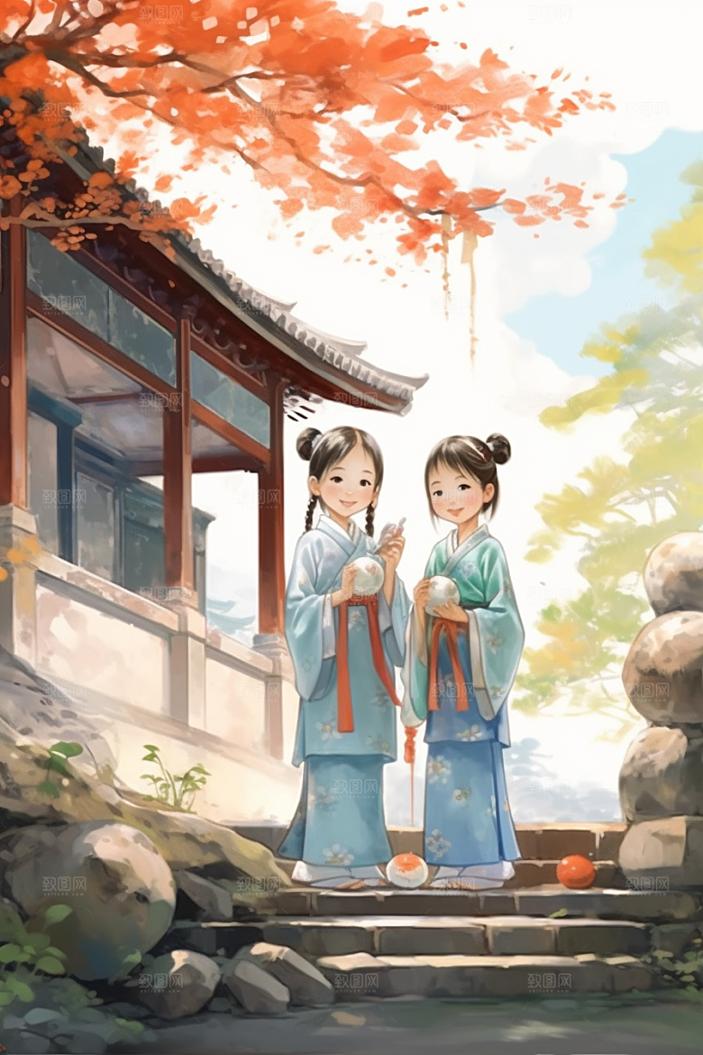儿童水墨江南水乡小桥流水人家插画