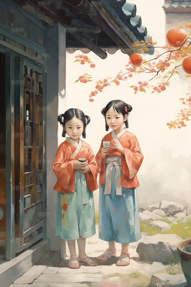 儿童水墨小桥流水人家手绘插画