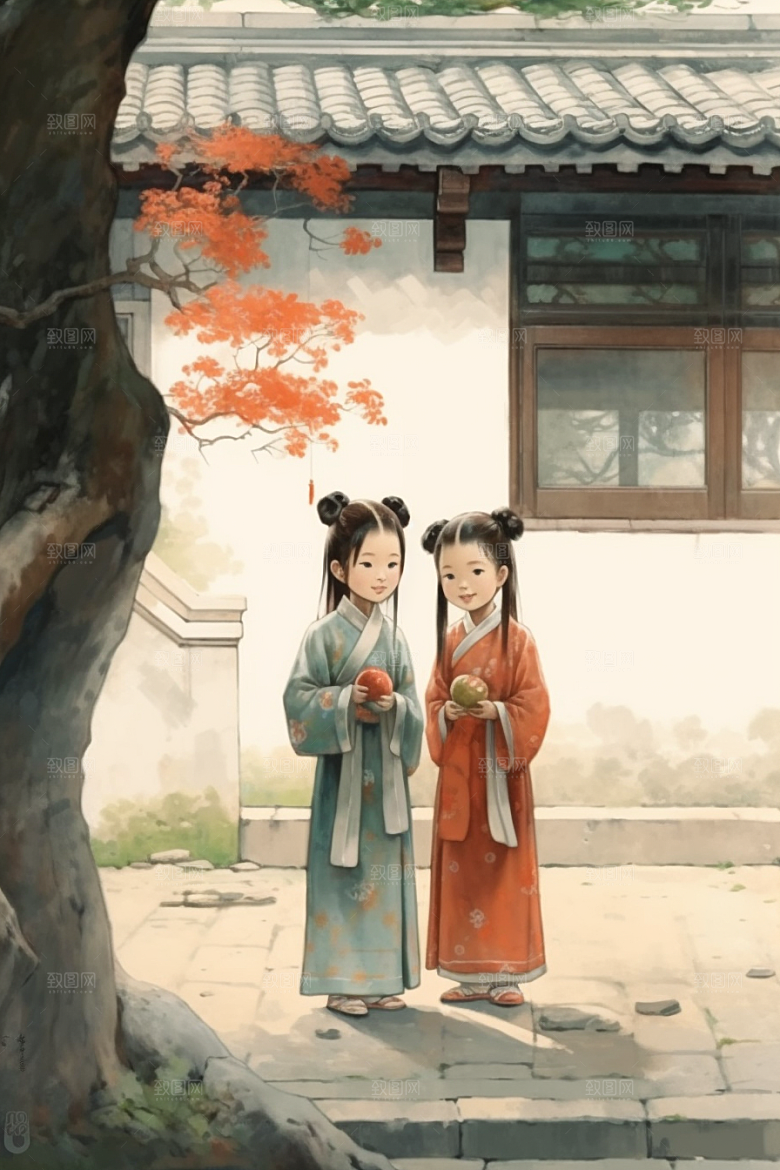 儿童水墨古风小桥流水人家插画