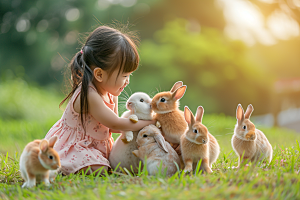 儿童和兔子宠物自然摄影图