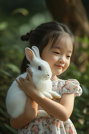 儿童和兔子生活高清摄影图