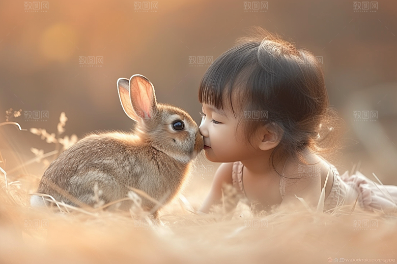 儿童和兔子童趣孩子摄影图